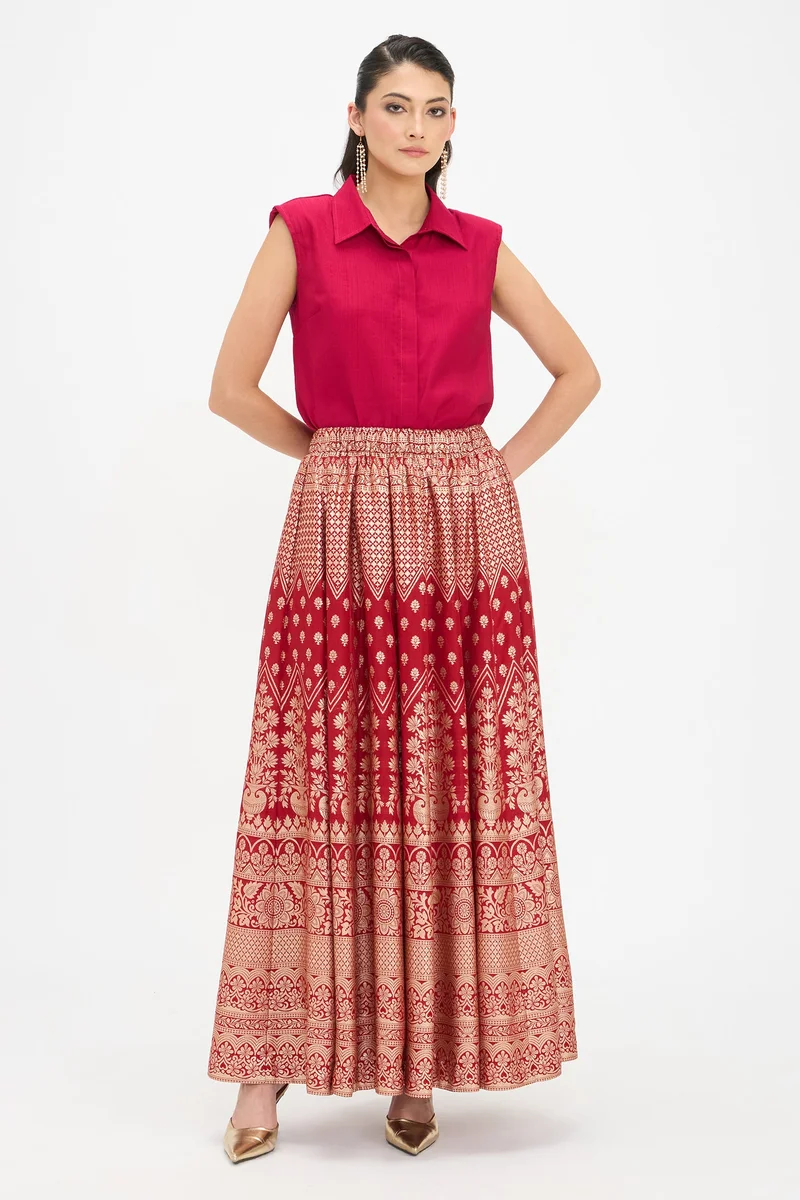 Virgio Ethnic Motifs Viscose Gathered Maxi Skirt for Women