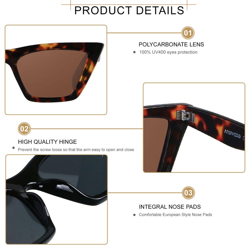 ANDWOOD Cat Eye Sunglasses for Women Cateye Frames Fashion Vintage Square Classic Retro Sun Glasses Black Tortoise Shades - Image 3