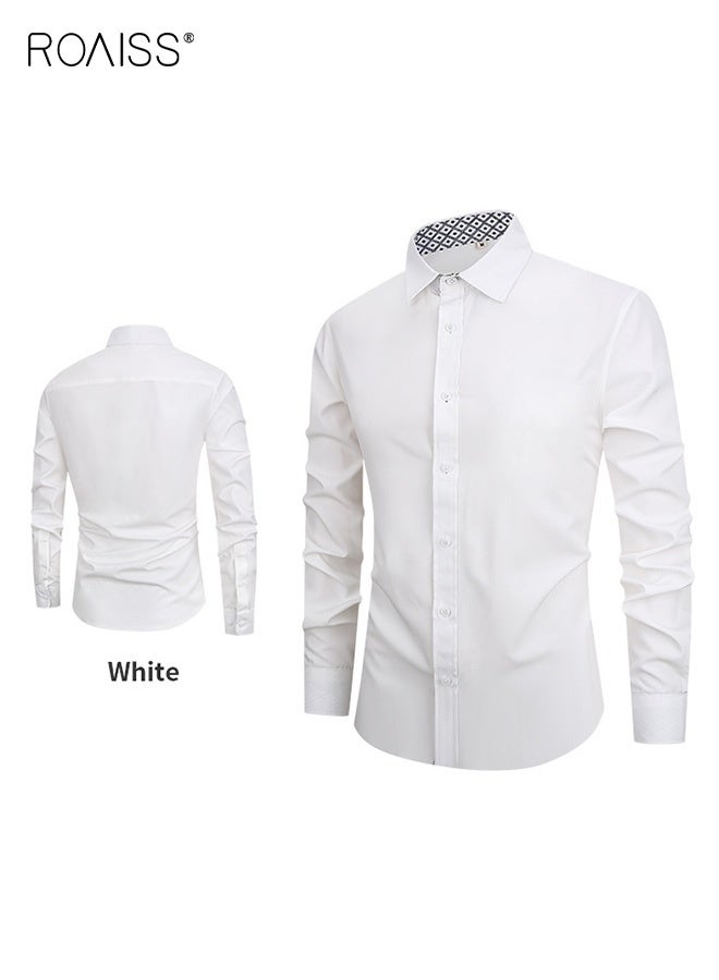 رويس قميص رجالي ضيق بقصة مستقيمة، مقاوم للتجاعيد، بأكمام طويلة، مصنوع من قماش يسمح بالتهوية، بياقة وأزرار، 92% بوليستر و8% سباندكس، مناسب للعمل والتنقل، أبيض - Image 3