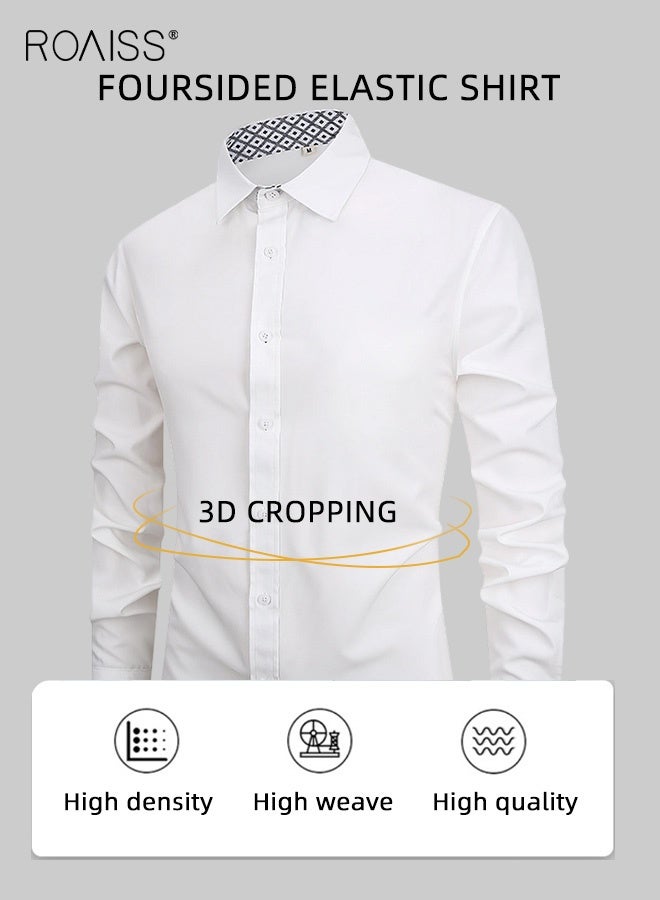 رويس قميص رجالي ضيق بقصة مستقيمة، مقاوم للتجاعيد، بأكمام طويلة، مصنوع من قماش يسمح بالتهوية، بياقة وأزرار، 92% بوليستر و8% سباندكس، مناسب للعمل والتنقل، أبيض - Image 2