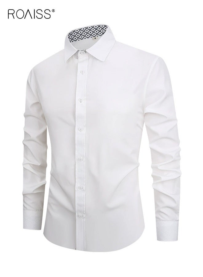 رويس قميص رجالي ضيق بقصة مستقيمة، مقاوم للتجاعيد، بأكمام طويلة، مصنوع من قماش يسمح بالتهوية، بياقة وأزرار، 92% بوليستر و8% سباندكس، مناسب للعمل والتنقل، أبيض - Image 1