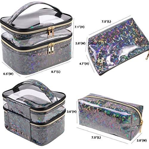 FITINI 3 Pieces Makeup Bags Double Layer Travel Large Holographic Cosmetic Cases Organizer Toiletry Bags Waterproof Small Zipper Pouch for Women Makeup Brush Storage BagBlack - Image 3