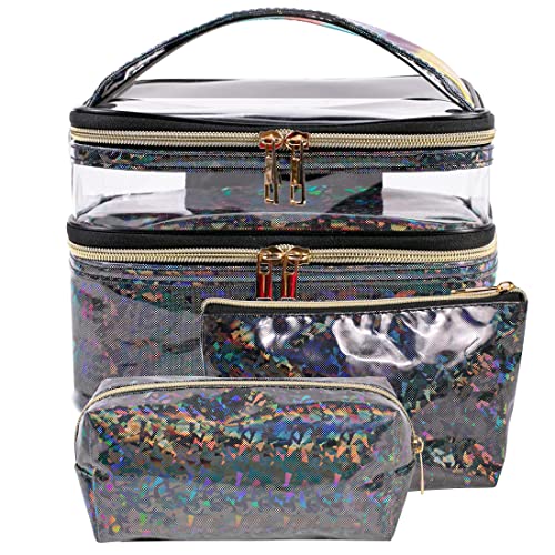 FITINI 3 Pieces Makeup Bags Double Layer Travel Large Holographic Cosmetic Cases Organizer Toiletry Bags Waterproof Small Zipper Pouch for Women Makeup Brush Storage BagBlack - Image 1