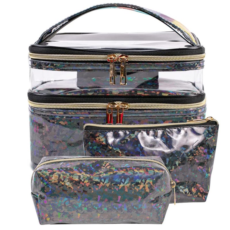 FITINI 3 Pieces Makeup Bags Double Layer Travel Large Holographic Cosmetic Cases Organizer Toiletry Bags Waterproof Small Zipper Pouch for Women Makeup Brush Storage BagBlack - Image 2