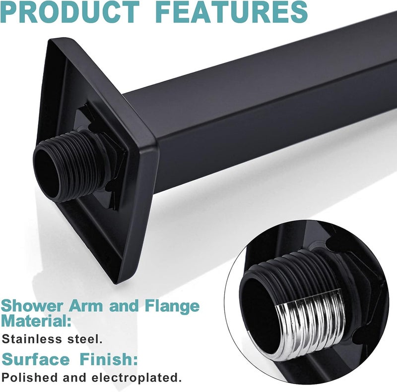Bestill 12 Inch Matte Black Ceiling Mount Shower Arm and Flange, Square Rain Shower Head Arm - Image 3