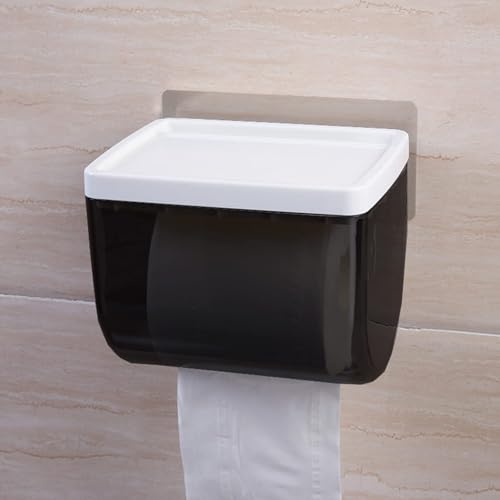 FABWARE Self Adhesive Toilet Paper Holder for Bathroom | No Drill Wall Mount Tissue Roll Holder with Transparent Cover | Space Saving Bathroom Organizer | Waterproof Phone Shelf - Image 1