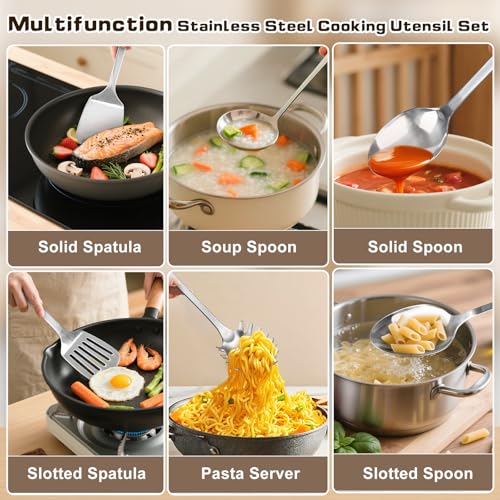 MemoGem 6 Pcs Cooking Utensils Set, Stainless Steel Kitchen Utensils, Heat Resistant Metal Kitchen Tools Include Solid & Slotted Turner Wok Spatula, Serving Spoon, Ladle, Pasta Server, Easy to Clean, Silver - Image 2
