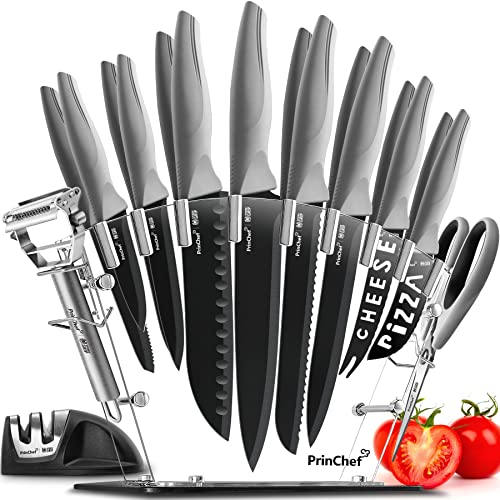 PrinChef Knife Set 19 Pcs Rust Proof Knives Set for Kitchen with Acrylic Stand Sharpener Scissors and Peeler Stainless Steel kitchen knife set Nonstick and No Scratch