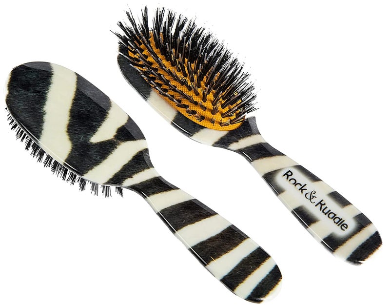 Rock & Ruddle Natural Boar Bristle Hair Brush for Women and Children. Wet or Dry Hair Detangling, Smoothing and Blowdrying. Bring out a Healthy Shine. Zebra Print Design, (Small/Travel Size, 17.5cm) - Image 1