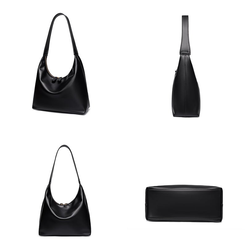 JYG Leather Hobo Bags for Women Small Soft Shoulder Purse Black Slouchy Tote Handbag with Double Zipper Design 2025 - Image 4