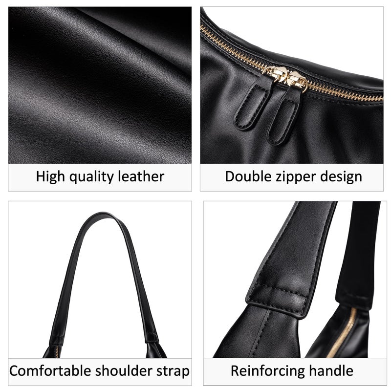 JYG Leather Hobo Bags for Women Small Soft Shoulder Purse Black Slouchy Tote Handbag with Double Zipper Design 2025 - Image 3