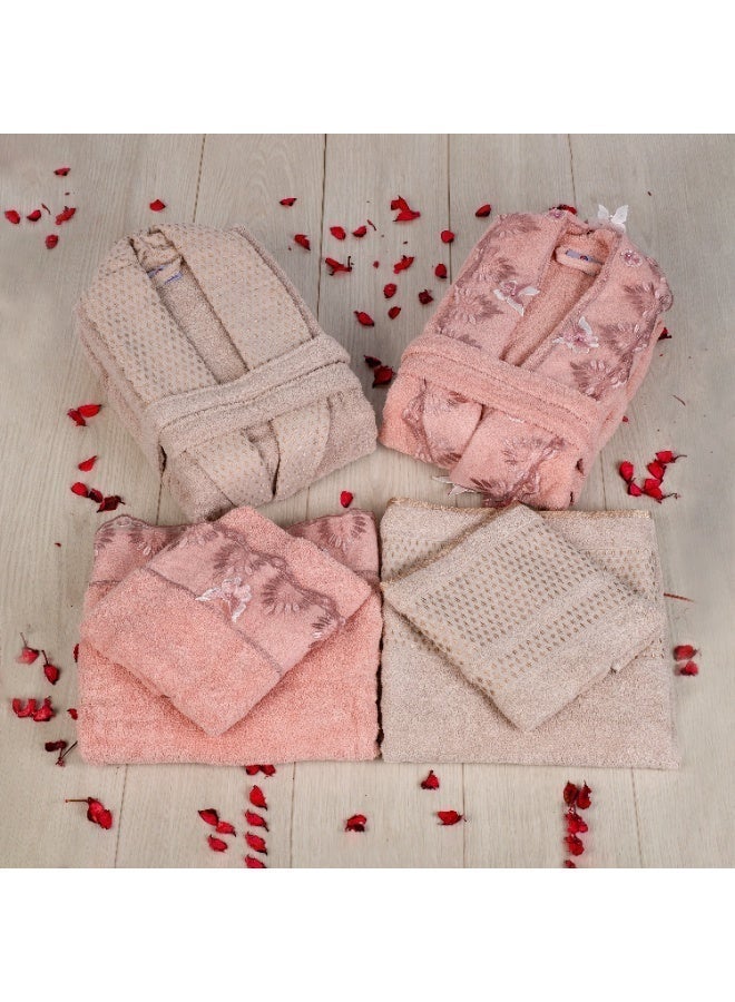 Safi Plus 2 Piece Couple Bathrobe & 4 Piece Towels Set - Premium Quality, Soft & Absorbent Turkish Cotton, 6-Piece Family Pack  (Taupe/Powder) - Image 3