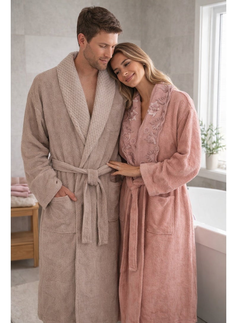 Safi Plus 2 Piece Couple Bathrobe & 4 Piece Towels Set - Premium Quality, Soft & Absorbent Turkish Cotton, 6-Piece Family Pack  (Taupe/Powder) - Image 1
