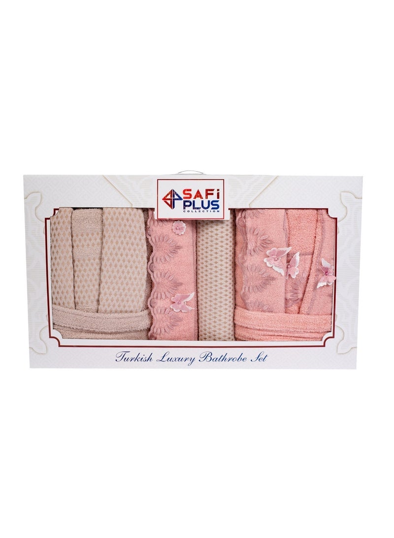 Safi Plus 2 Piece Couple Bathrobe & 4 Piece Towels Set - Premium Quality, Soft & Absorbent Turkish Cotton, 6-Piece Family Pack  (Taupe/Powder) - Image 2