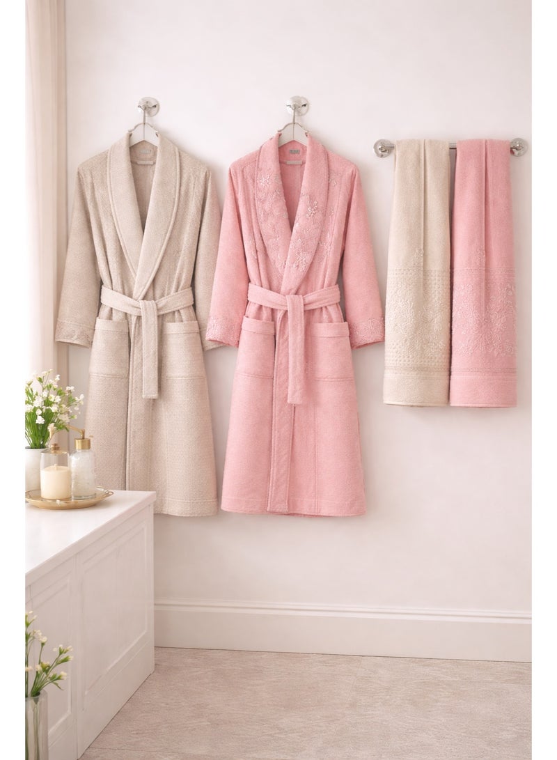 Safi Plus 2 Piece Couple Bathrobe & 4 Piece Towels Set - Premium Quality, Soft & Absorbent Turkish Cotton, 6-Piece Family Pack  (Taupe/Powder) - Image 4