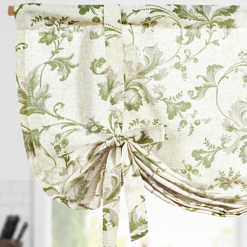 jinchan Tie Up Valance Curtain Floral Linen for Windows Farmhouse 45 Inch Damask Printed Short Window Treatment Adjustable Length for Kitchen Living Room Light Filtering 1 Panel Green on Linen - Image 2