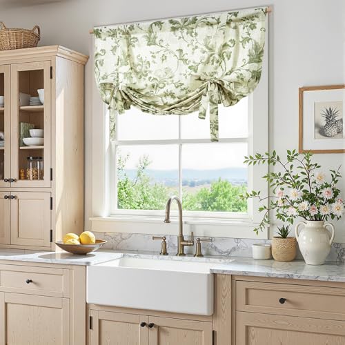 jinchan Tie Up Valance Curtain Floral Linen for Windows Farmhouse 45 Inch Damask Printed Short Window Treatment Adjustable Length for Kitchen Living Room Light Filtering 1 Panel Green on Linen - Image 3