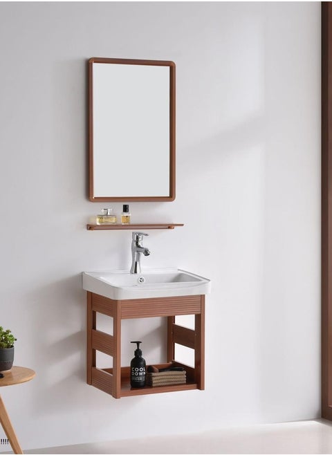 Carbo fiber decorative washbasin, wooden color, with mirror and shelf, width 43 cm