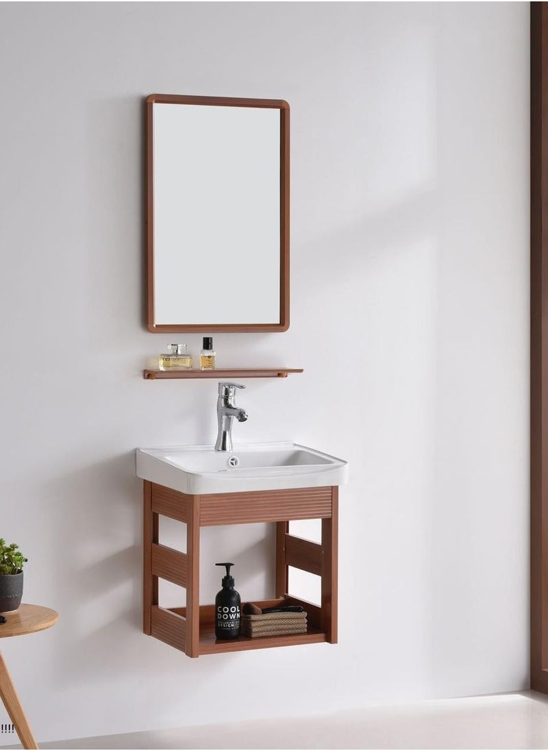 Carbo fiber decorative washbasin, wooden color, with mirror and shelf, width 43 cm