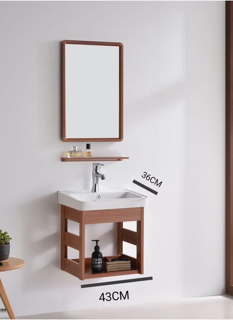 Carbo fiber decorative washbasin, wooden color, with mirror and shelf, width 43 cm