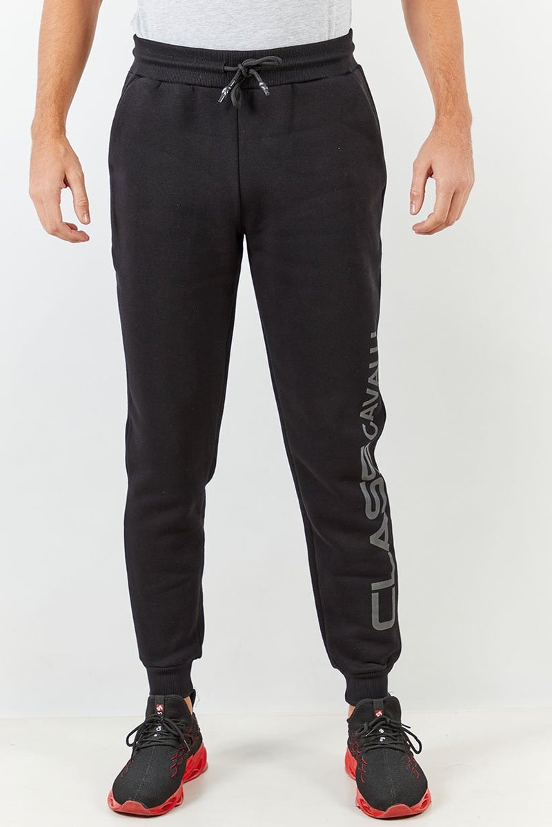 Cavalli Class Men Regular Fit Drawstring Brand Logo Pants, Black - Image 1