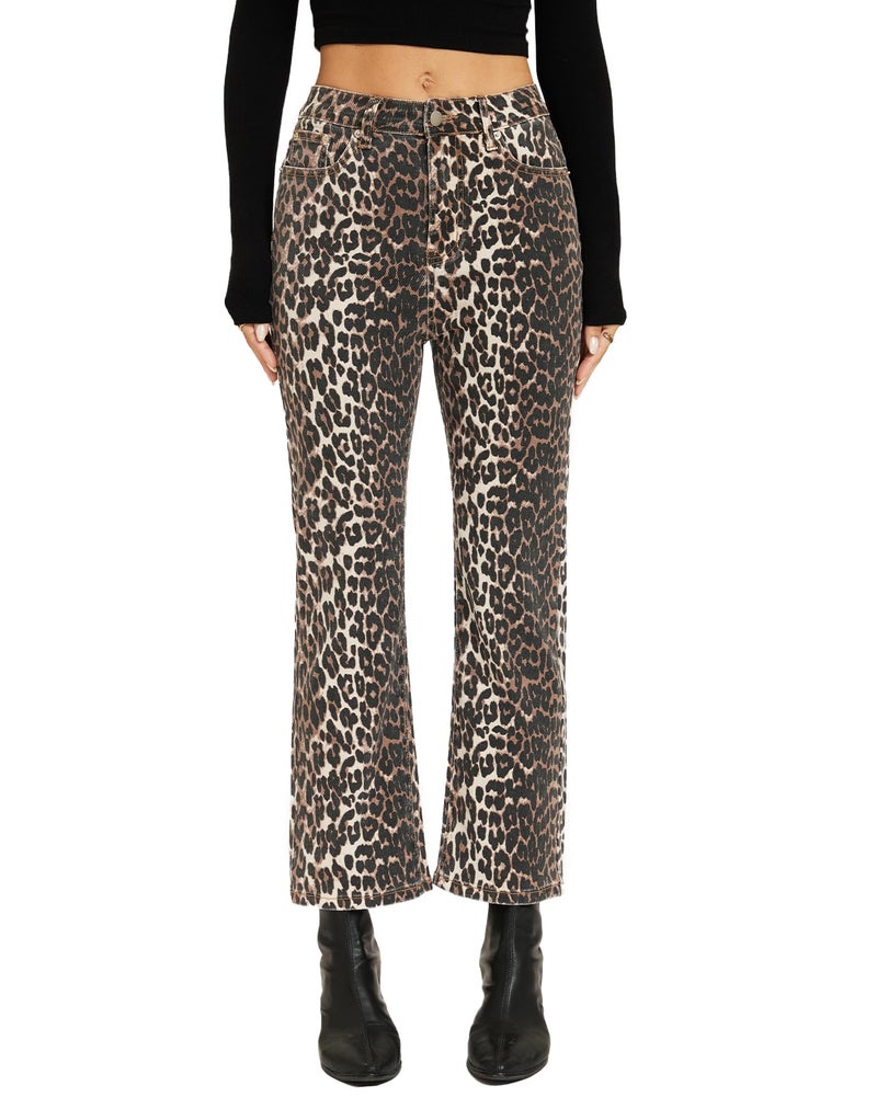 YEXPINE Women's Leopard Bell Bottom Jeans Cropped High Rise Stretchy Cheetah Print Demin Pants - Image 1