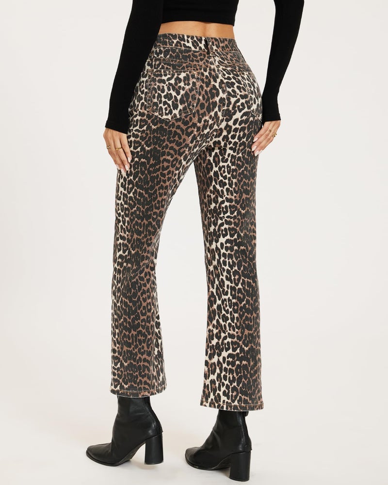YEXPINE Women's Leopard Bell Bottom Jeans Cropped High Rise Stretchy Cheetah Print Demin Pants - Image 4