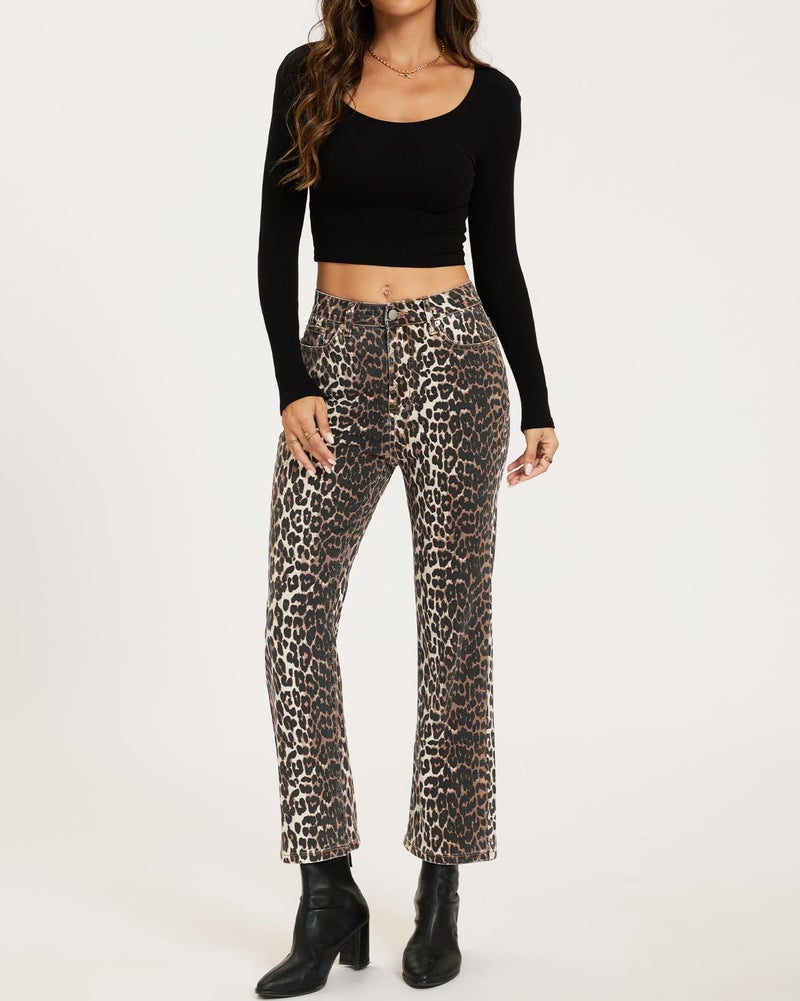 YEXPINE Women's Leopard Bell Bottom Jeans Cropped High Rise Stretchy Cheetah Print Demin Pants - Image 5