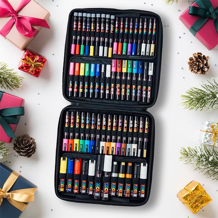 POSCA مجموعة هدايا أقلام الطلاء الخاصة بموسم العطلات من بوسكا، تتكون من 62 قلم مع حقيبة حمل، رائعة للأطفال والبالغين، تشمل 350، 1MR، 1M، 3M، 5M، 7M، 8K، و 17K - Image 2