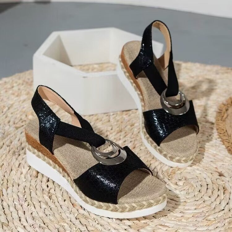 Hemp Rope New Bohemian Thick Sole Metal Buckle Leg Sandals Fish-Mouth Sandals For Summer - Image 3