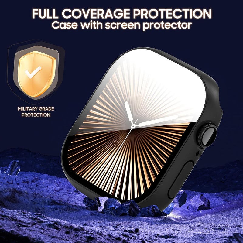 حزمة 3 قطع لأغطية ساعة Apple Watch Series 10/11 46 مم مع واقي شاشة زجاجي مقسى 9H غطاء حساس للمس، مقاوم للخدش، غطاء PC صلب فائق النحافة لساعة iWatch Series 10/11 46 مم - Image 2