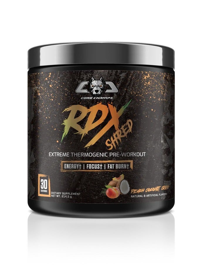 Core Champs RDX Shred – Extreme Thermogenic Pre-Workout – Intense Energy, Focus & Fat Burning – Advanced Cutting Formula for Athletes & Fitness Enthusiasts (30 Servings, Peach Coconut Crush)