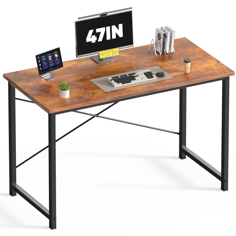 DUMOS 47 in Small Computer Desk for Home Office, Modern Study Work Table Simple Style for Bedroom, Writing Desks with X-Shaped Reinforcement, Wood Brown - Image 1