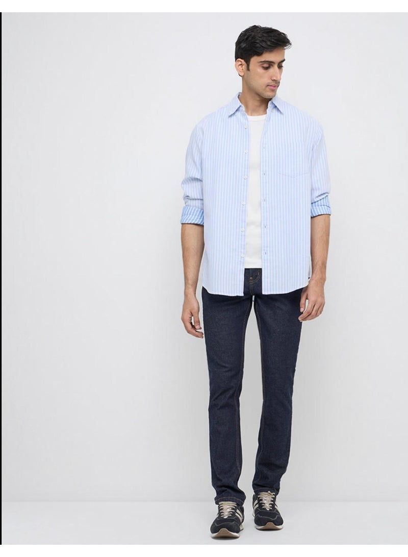 قميص قطني مريح مطبوع بخطوط زرقاء من WES Casuals - Image 2