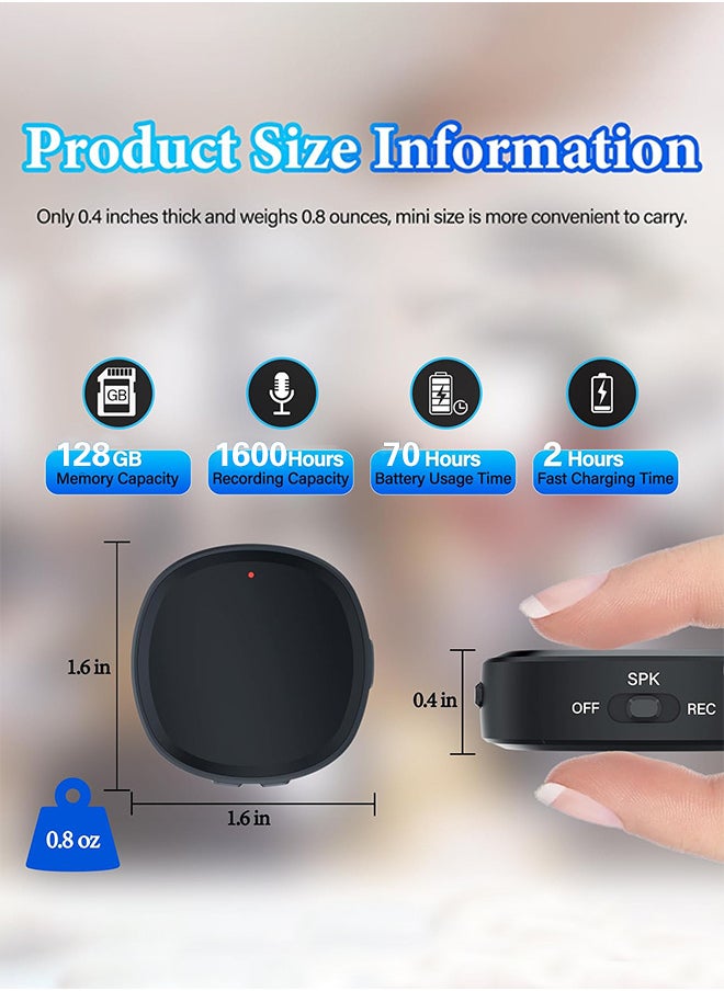 Magnetic Voice Recorder 128G (1600 Hour) - Recording Device MP3 Records with 70 Hours Battery Time, USB-C Audio Recorder for Work, Lectures, Meetings, Interviews