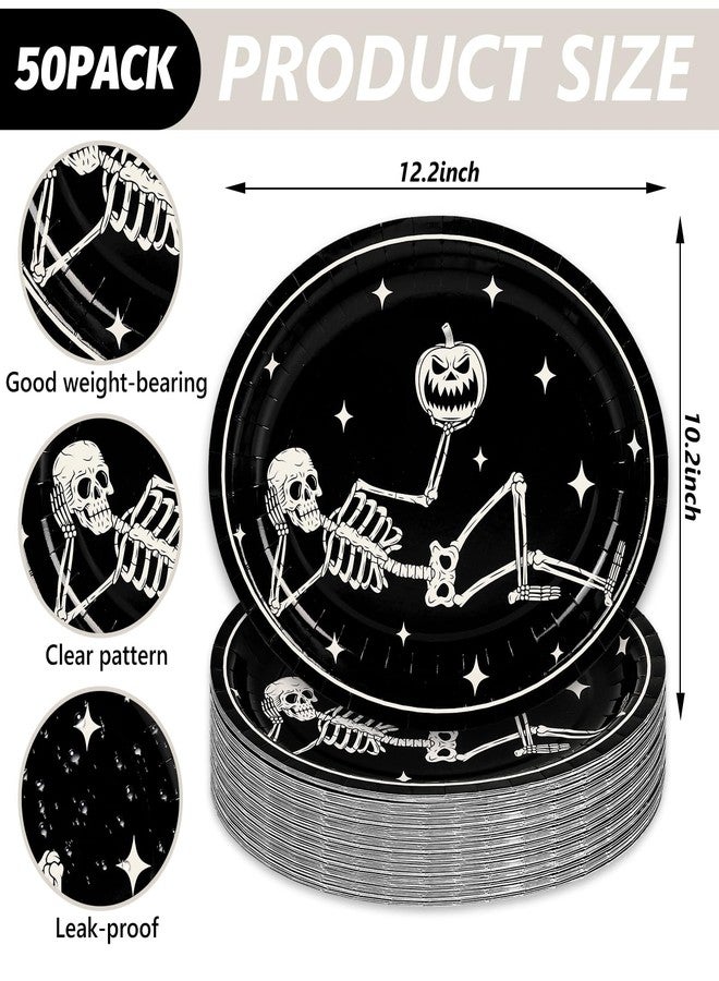 JarThenaAMCS 50Pcs Halloween Oval Paper Plates 10" x 12" Large Black White Skeleton Pumpkin Disposable Plates Spooky Platters for Halloween Holiday Party Tableware Supplies - Image 2