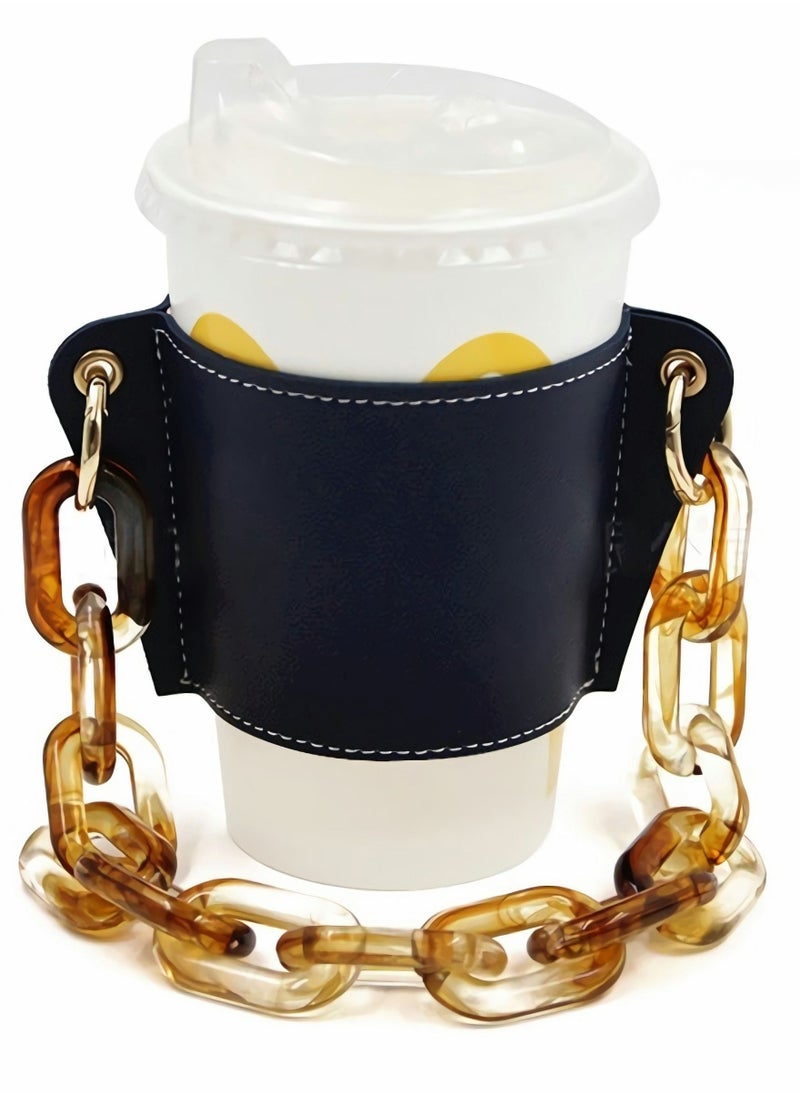 Generic Reusable Coffee Cup Holder, Portable Chain Leather Handy Water Holder for Cold and Hot Drinks Lovers Gifts Women (Black)  - Image 1