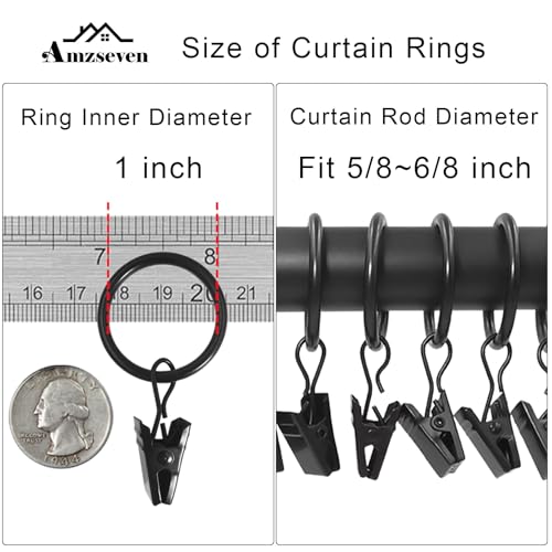 AMZSEVEN 44 Pack Metal Curtain Rings with Clips, Drapery Clips with Rings, Drapes Rings 1 inch Inner Diameter, Fits Diameter 5/8 inch Curtain Rods, Black - Image 3