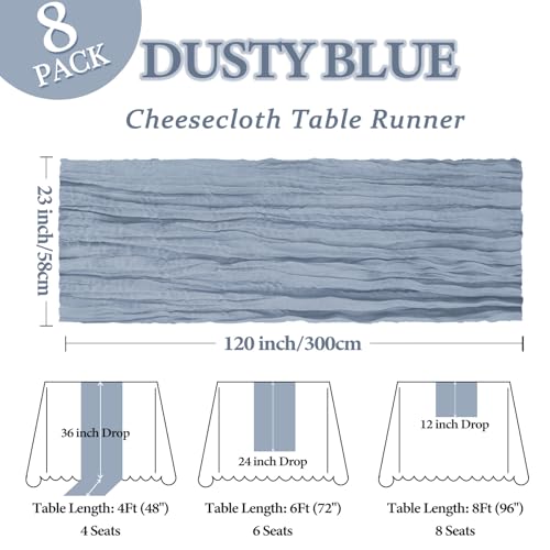 Heneger 8 Pack Dusty Blue Cheesecloth Table Runner 10Ft Spring Gauze Cheese Cloth Table Runner 120 Inch Boho Sheer Rustic Fabric for Home Decor Bridal Baby Shower Wedding Decoration - Image 2