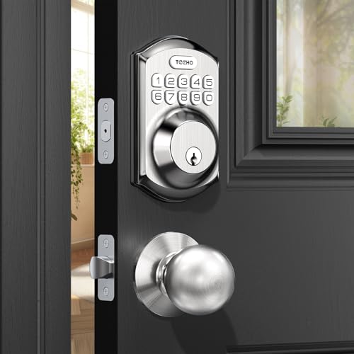 TEEHO TE001K Keyless Entry Door Lock with Handle, Electronic Keypad Deadbolt with 2 Knobs, High-Security Front Door Handle Set for Home & Rental, Smart Auto-Locking, Easy Install, Satin Nickel - Image 1