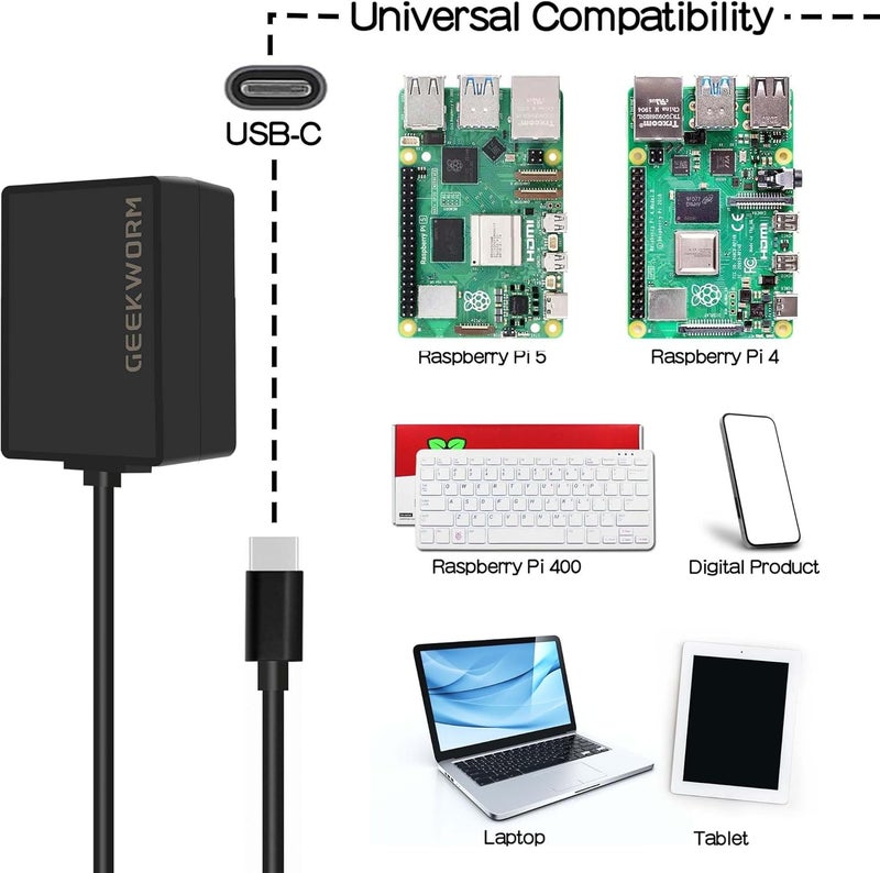 Geekworm Raspberry Pi 5 Power Supply GaN PD 27W 5.1V 5A USB-C - Image 4