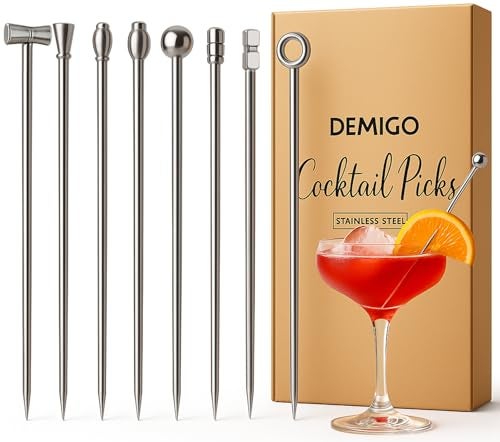 DEMIGO Cocktail Picks, 8 New Styles Stainless Steel Reusable Olive Stuffers Martini Picks set Fruit Toothpicks Garnish Skewers Appetizer Drink Stick for Bar party, Barbeque Snacks, Club sandwiches - Image 1