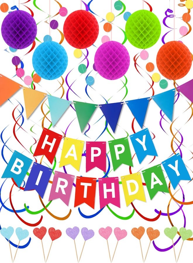 Oomloid Happy Birthday Party Decorations - Colorful Happy Birthday Banner Swirl Streamers Honeycomb Balls Circle Dots Garland Triangle Flag Bunting, Rainbow Decor for Women Men Boys Girls - Image 1