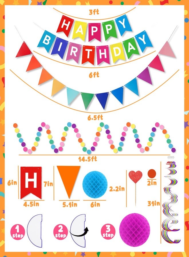 Oomloid Happy Birthday Party Decorations - Colorful Happy Birthday Banner Swirl Streamers Honeycomb Balls Circle Dots Garland Triangle Flag Bunting, Rainbow Decor for Women Men Boys Girls - Image 3