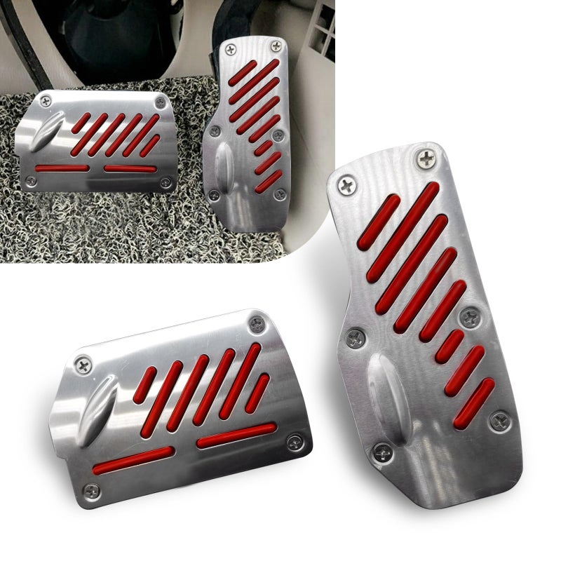 Generic Irinidig 2 PCS Car Automatic Transmission Pedal Cover, 5.5" x 2.4" Accelerator + 4.9" x 2.9" Brake Pedal, Alloy Durable Structure Sport Decoration + Non-Slip Rubber Strip, Universal for Cars (Red) - Image 1