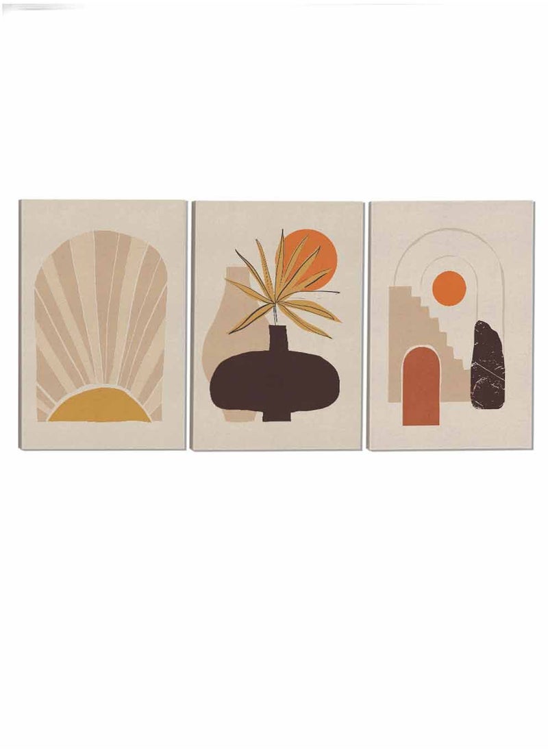 LOWHA - Set Of 3 Canvas Wall Arts Stretched Over Wooden Frame Illustration Bohemian Style Abstract Paintings - Image 1
