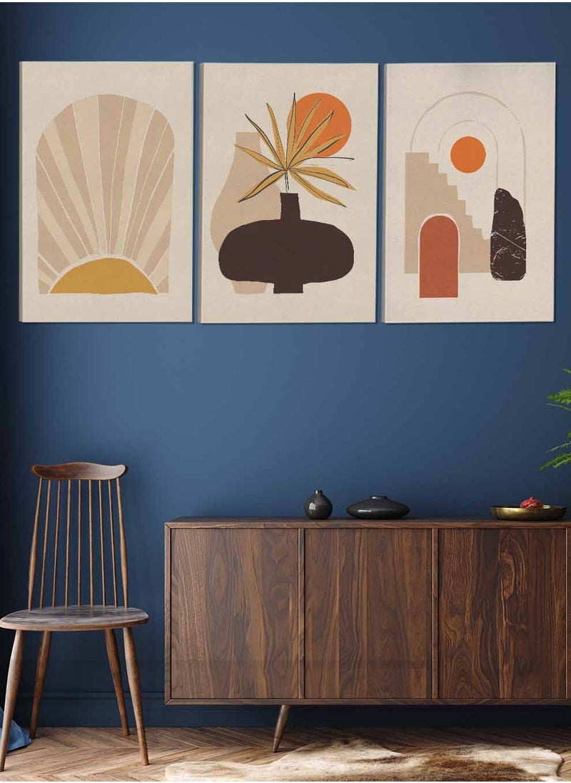 LOWHA - Set Of 3 Canvas Wall Arts Stretched Over Wooden Frame Illustration Bohemian Style Abstract Paintings - Image 1