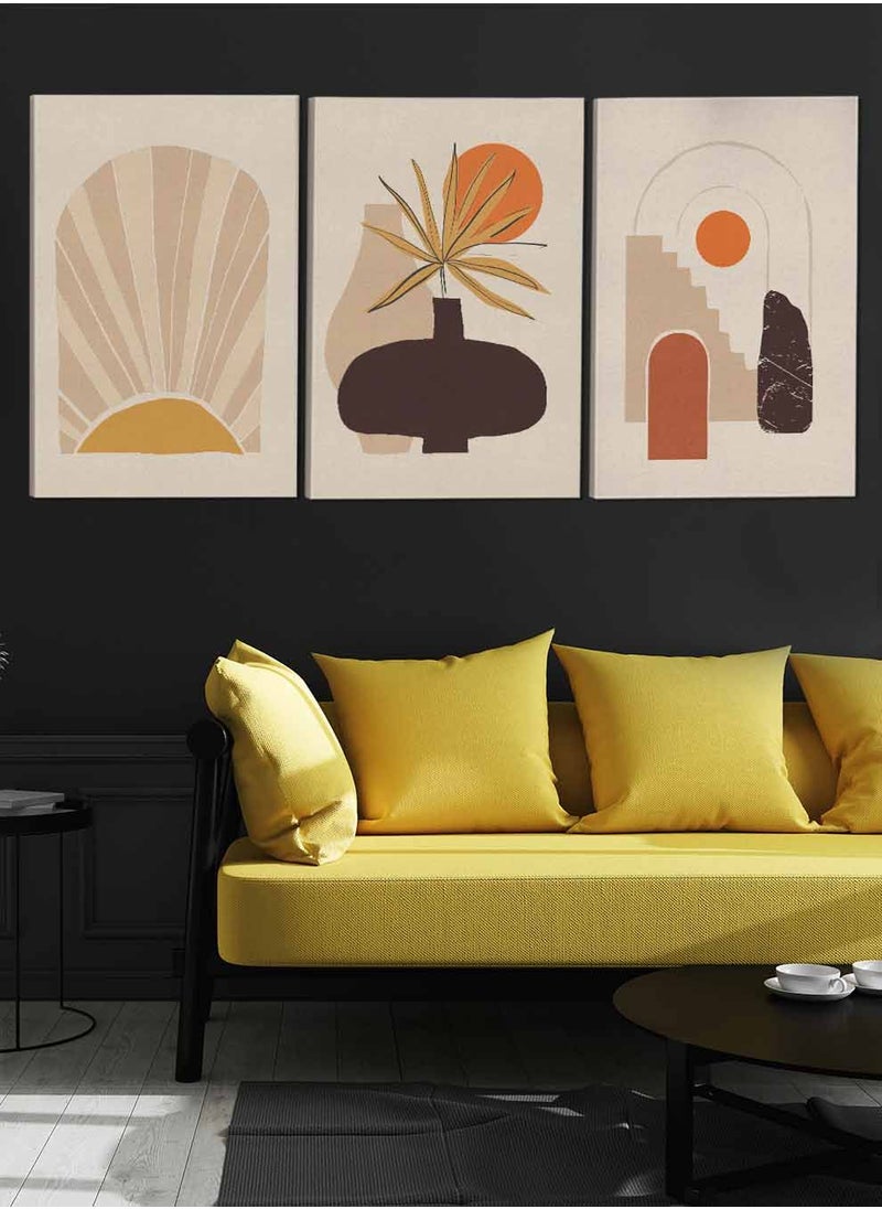LOWHA - Set Of 3 Canvas Wall Arts Stretched Over Wooden Frame Illustration Bohemian Style Abstract Paintings - Image 1