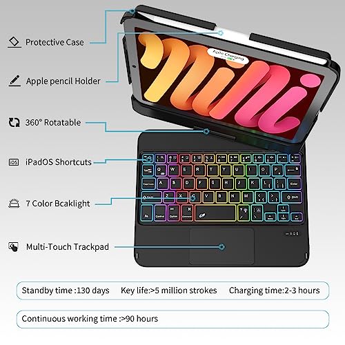 TaIYanG Keyboard Case for iPad mini 7 A17 Pro 2024 & Mini 6,7 Color Backlit Trackpad Keyboard Case for iPad mini 6th Generation 2021 8.3-inch,360° Rotatable Slim Cover for iPad mini 7th Gen,Black - Image 3
