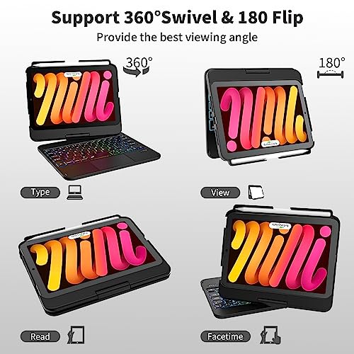 TaIYanG Keyboard Case for iPad mini 7 A17 Pro 2024 & Mini 6,7 Color Backlit Trackpad Keyboard Case for iPad mini 6th Generation 2021 8.3-inch,360° Rotatable Slim Cover for iPad mini 7th Gen,Black - Image 4